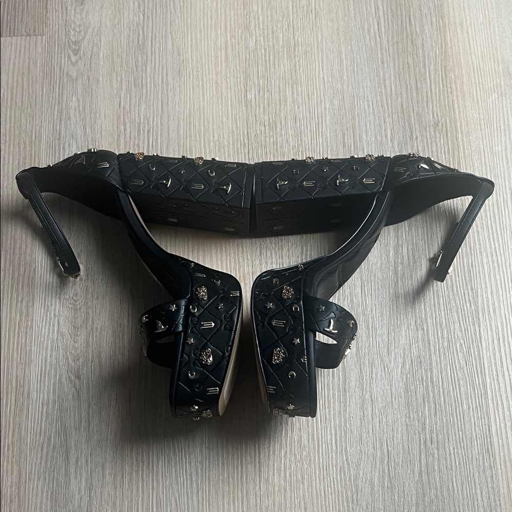 Aldo x Wicked Take Flight Black Gold Vegan Leather Platform Heels - Picture 3 of 9